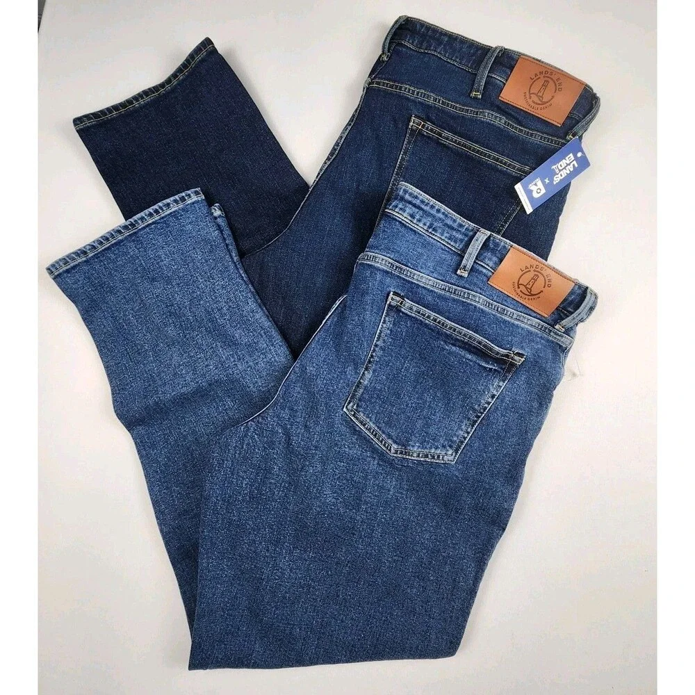 Lands End Traditional Fit Jeans Mens 42x34 Lot of 2 Straight Leg NWT Med/Dark